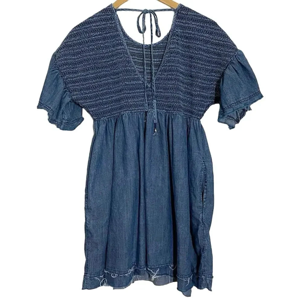 Anthropologie Luz Chambray Smocked Distressed Mini Dress Size XS Coastal Cowgirl